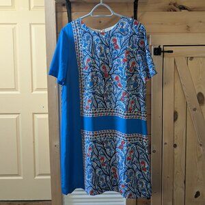 Tory Burch Mallory Blue Framed Bird Silk Shift Dress Size 12 Short Sleeve EUC